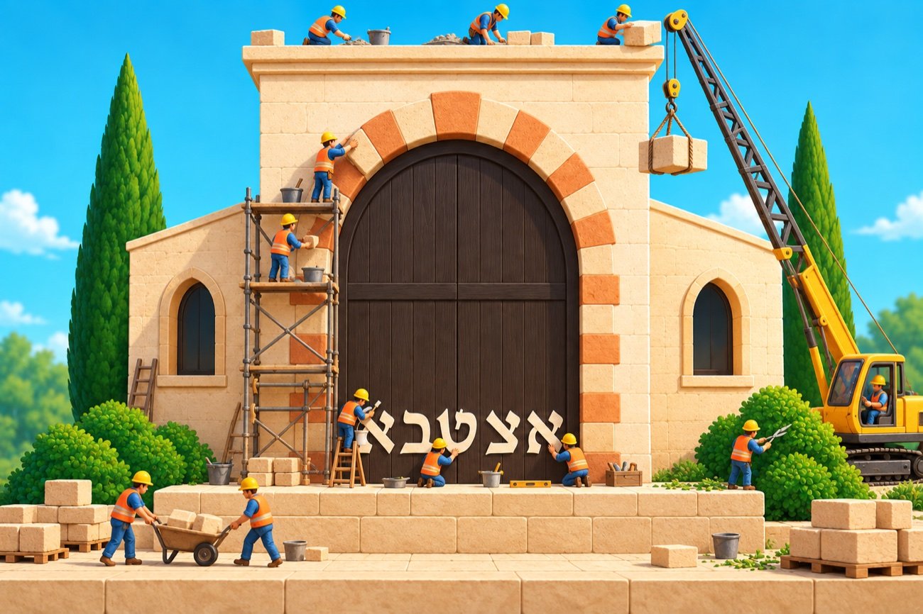 איור של צוות בונה את בניין אצטבא